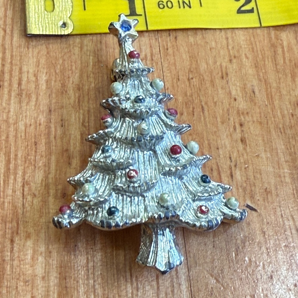 Vintage ART Signed Silver Tone Enamel Christmas Tree Brooch Pin Rhinestone Star
